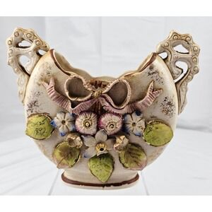 Antique Floral Vase Handled Ceramic 1897 Dated Decor Display Planter